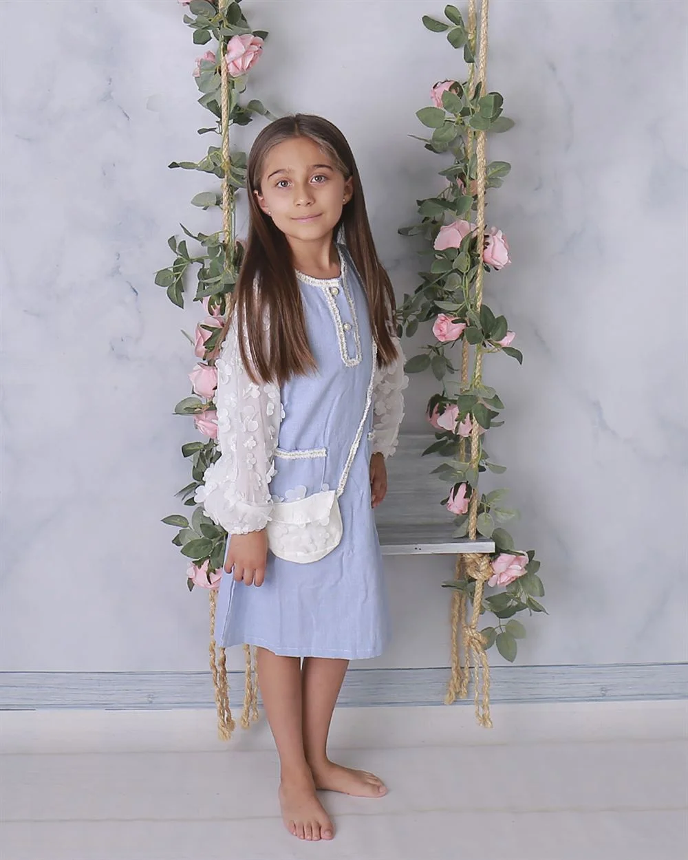 Vestido Manga de Flores Blancas, Azul Cielo - Imagen 3